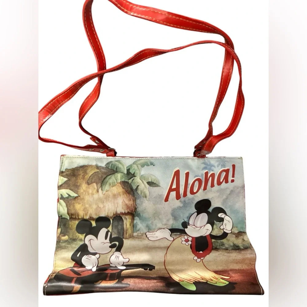 Vintage Disney Mickey & Minnie Aloha Small Red Tote Bag